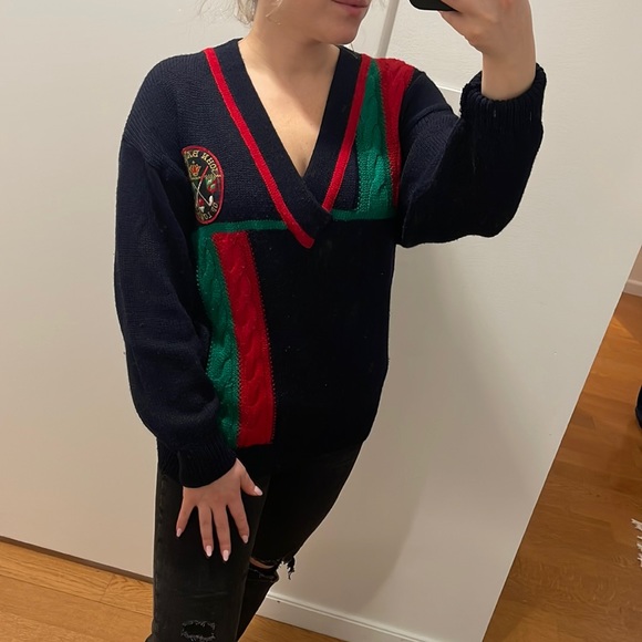 John Barley of London Vintage Preppy Navy V-Neck Cable-Knit Sweater - Picture 2 of 6